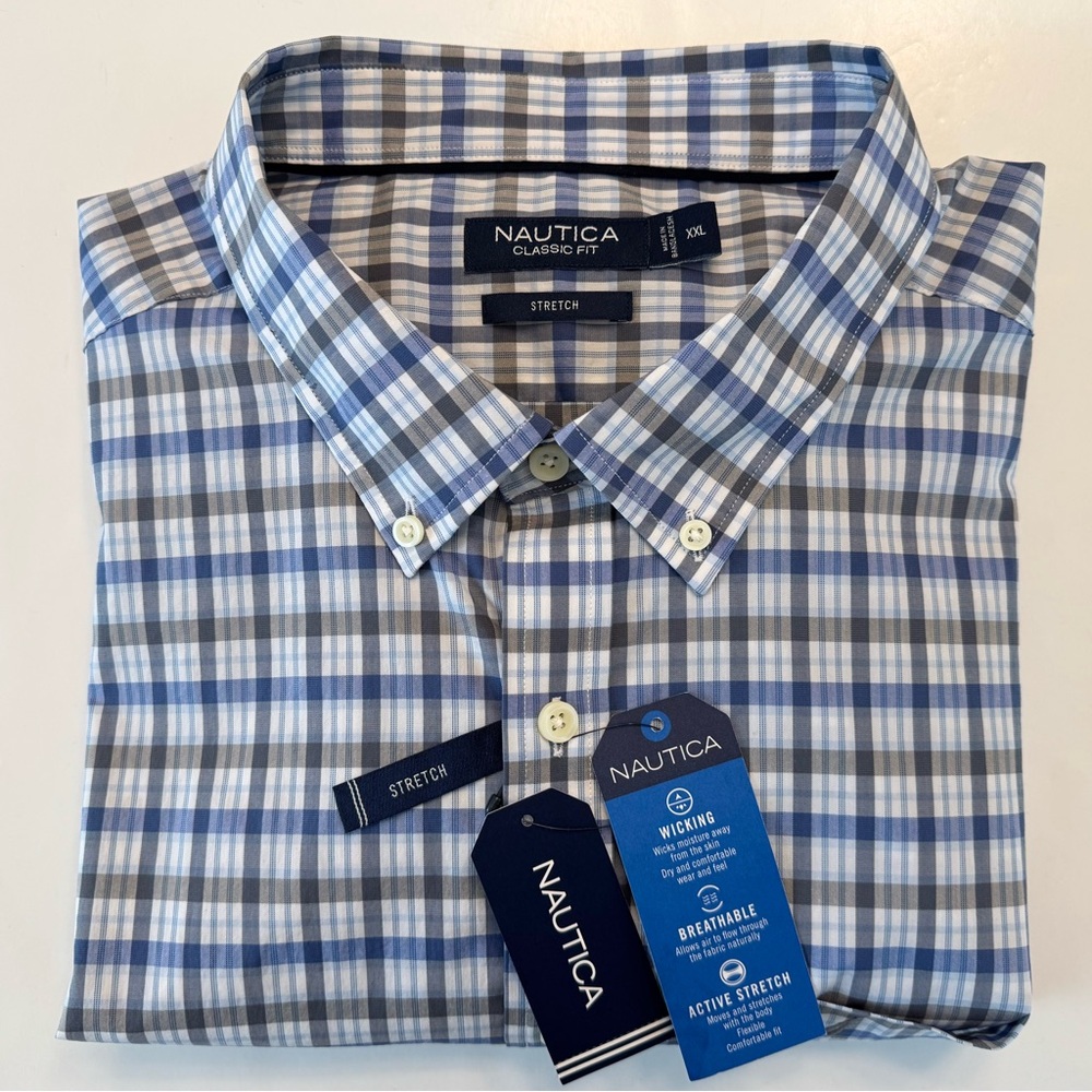 Nautica Classic Fit Stretch XXL XX-large Shirt Button Front Blue Grey Plaid NWT